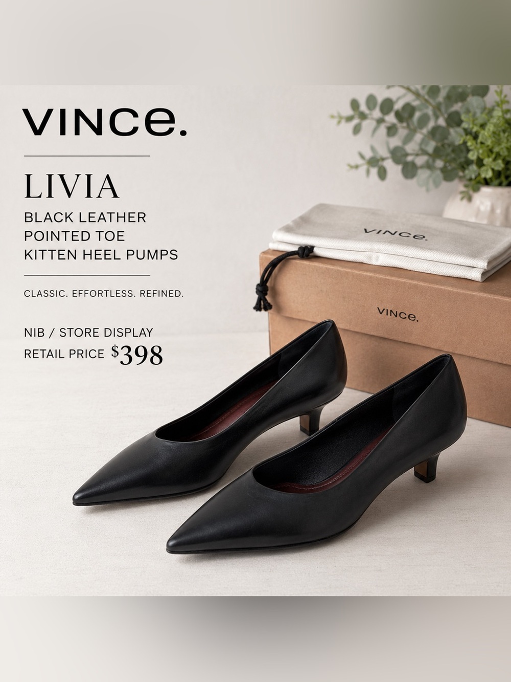 Vince Livia Black Leather Pointed Toe Kitten Heel Pumps  9.5M NIB/Store Display